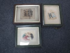 Three hand finished prints in watercolour depicting figures by 'Cynicus' , all parts framed.