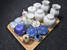 A tray of oriental style lidded trinket dishes, Royal Winton vases, storage jars and ginger jars,