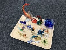 A tray of assorted glass animal figures, large glass fish,