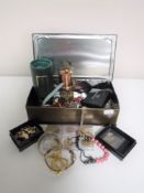 A box of costume jewellery, wrist watches, Spanish coins,
