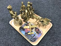 A tray of various brass ornaments including miner figures, aeroplane, horse and cart etc,