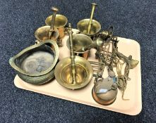 A tray of brass including oriental censer, pestles and mortars, oil can,