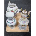 A tray of Franklin Mint oriental vase, House of Faberge teapot,