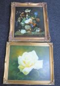 An oil on canvas still life, together with a gilt framed oil on canvas, a rose,