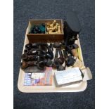 A tray of smoking pipes, USSR binoculars, boxwood chess set etc,