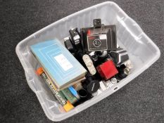 A box of various cameras including a Pentacon Six TL, Yashica etc,
