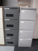 Two metal four drawer filing cabinets - one with key