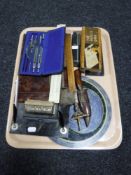 A tray containing calendar desk stand, drawing utencils, Parker pens, miniature rapier,