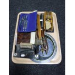 A tray containing calendar desk stand, drawing utencils, Parker pens, miniature rapier,