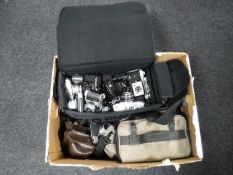 A large box of vintage cameras; Minolta, Viscount, Kodak,