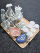 A tray of Spanish figures, Ridgway part tea set, Maling bowl,
