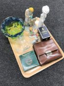 A tray of gents leather cases shaving set, coloured glass bowl, boxed Royal Worcester egg coddler,