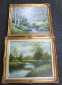 A gilt framed oil on canvas, river through a wooded landscape, signed Ray Alfonse,