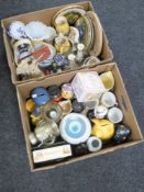 Two boxes of money boxes, ornaments,