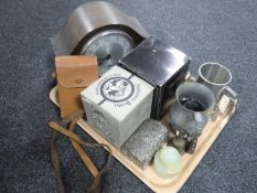 A tray of oak cased mantel clock, pewter tankards, onyx table lighter,