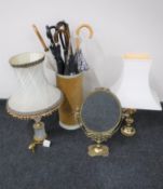 A brass dressing table mirror together with a brass table lamp and one other and a stick stand