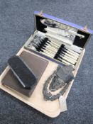 A tray of boxed silver and EPNS cutlery together with a door knocker