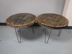 Two oak whiskey barrel lid coffee tables bearing Bowmore and Danmore advertising