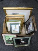 Two boxes of pictures, 20th century china and glass ware,