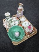A tray of Mason's china, porcelain figure of a lady, Sylvac bowl,