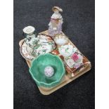 A tray of Mason's china, porcelain figure of a lady, Sylvac bowl,