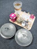 A tray of cut glass and silver plated wares, atomisers, jelly moulds,