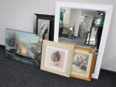 A white framed overmantel mirror together with four pictures