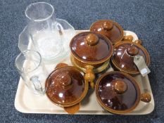 A tray containing three pieces of glass ware together with six Wattisfield Ware lidded bowls