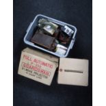 A box of Bakelite telephone, assorted cameras and accessories,