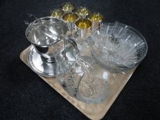 A tray containing assorted glass ware, together with a plated ice bucket with tongs,