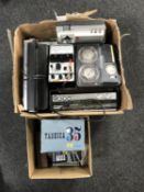 Two boxes of vintage radios including Sony ICX-8000, reel to reel player,