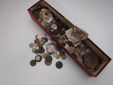 A box of foreign coins and bank notes etc