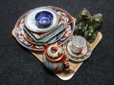A tray of Oriental china including pair of Foo dogs, assorted plates and bowls,