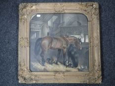 A 19th century gilt framed print depicting animals in a stable