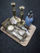 A tray of Sparkless vintage soda syphon, pair of antique brass candlesticks, pipes,