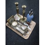 A tray of Sparkless vintage soda syphon, pair of antique brass candlesticks, pipes,