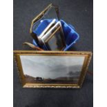 A box containing a shepherd's crook, assorted framed pictures,