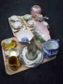 Two trays of Maling lustre china, Maling chintz jug, tankards,