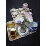 Two trays of Maling lustre china, Maling chintz jug, tankards,