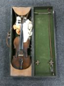 An antique violin and bow in hard carry case CONDITION REPORT: 14" back.