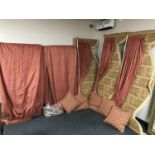 Three pairs of fully lined curtains, drop 300cm, with pelmets,