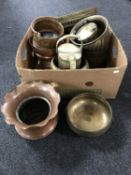 A box of copper and brass planters,