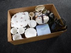 Three boxes of Johnson Bros and Meakin dinner ware, glass ware, German bowl,