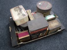 A box of vintage tins including Lovells Black Heat Toffee, Nuttals Mintoes, cigarette box,