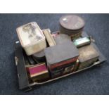 A box of vintage tins including Lovells Black Heat Toffee, Nuttals Mintoes, cigarette box,