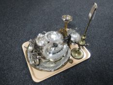 A tray containing a brass oil burner together with assorted plated wares including a three piece