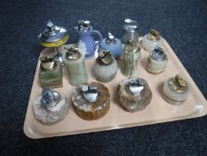 A tray of ten table lighters including Wedgwood and onyx examples