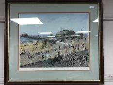 After Tom Dodson - a coastal pier, reproduction in colours, signed in pencil, 46cm x 37cm,