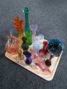 A tray containing assorted 20th century and later coloured glass ware