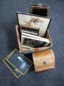 A box of two oriental lacquered panels, framed needlework and assorted pictures,